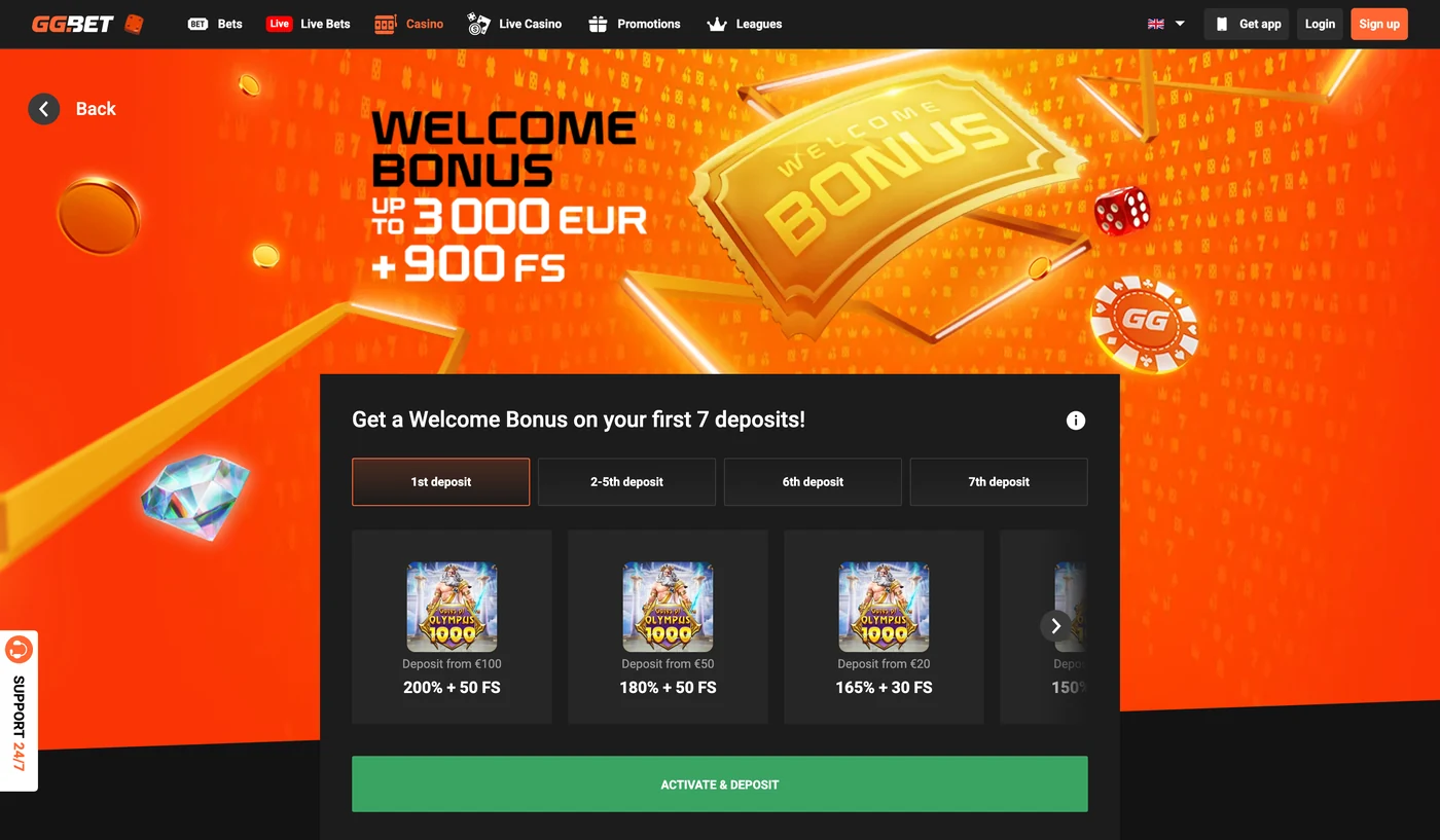 GGBET Casino Welcome Bonus: akár 3 000 € + 900 FS, az első kör lépcsőivel